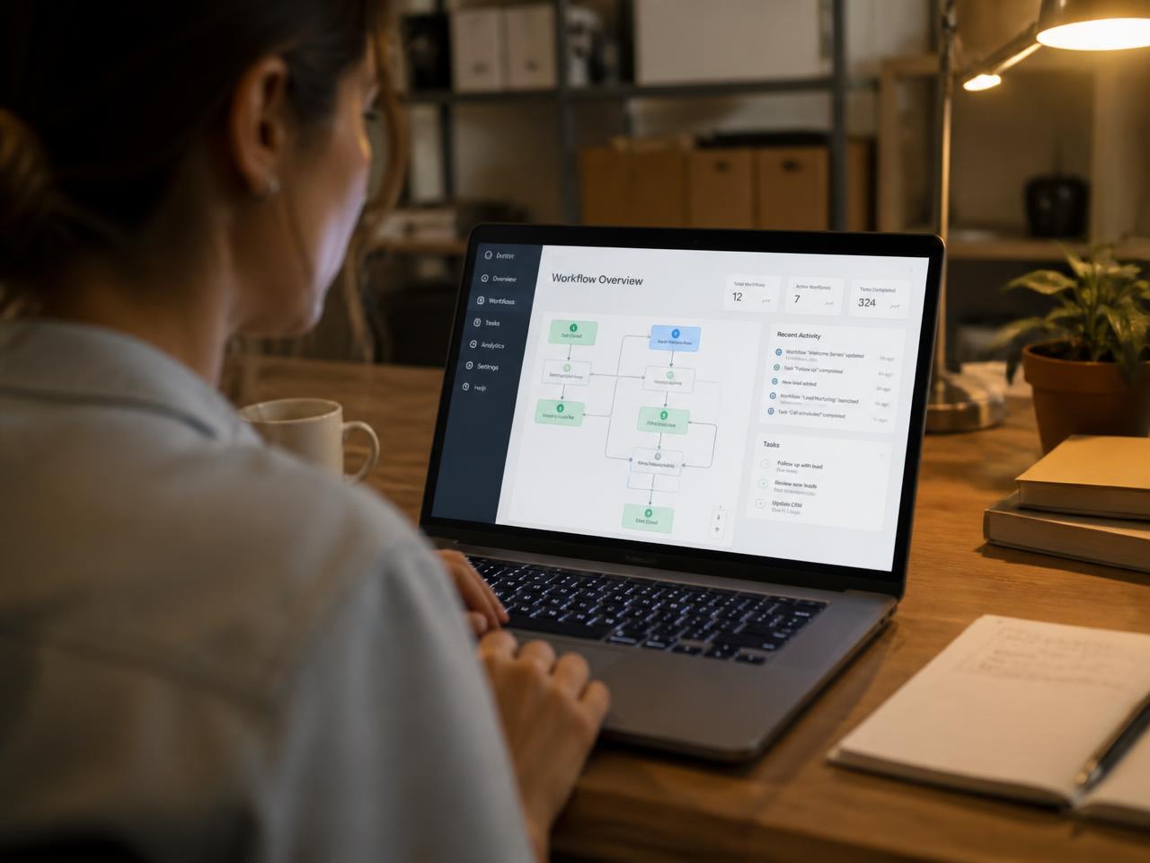 Automated workflow dashboard reviewed on a laptop