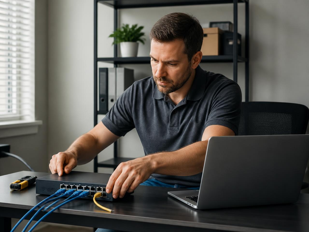 NorthByte technician configuring network equipment in a small business office